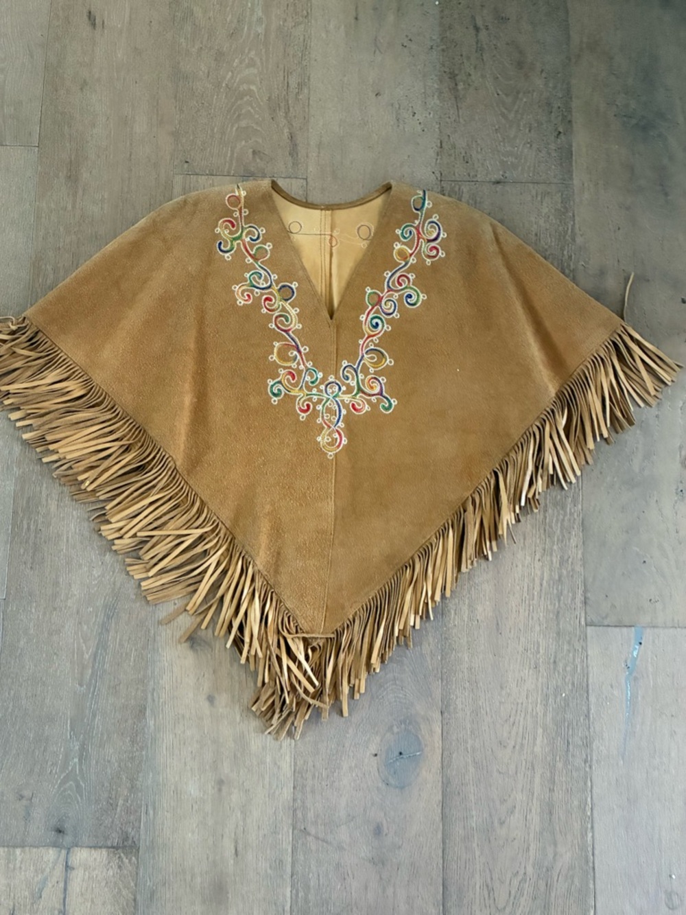 Fringed Suede Embroidered Poncho in Tan